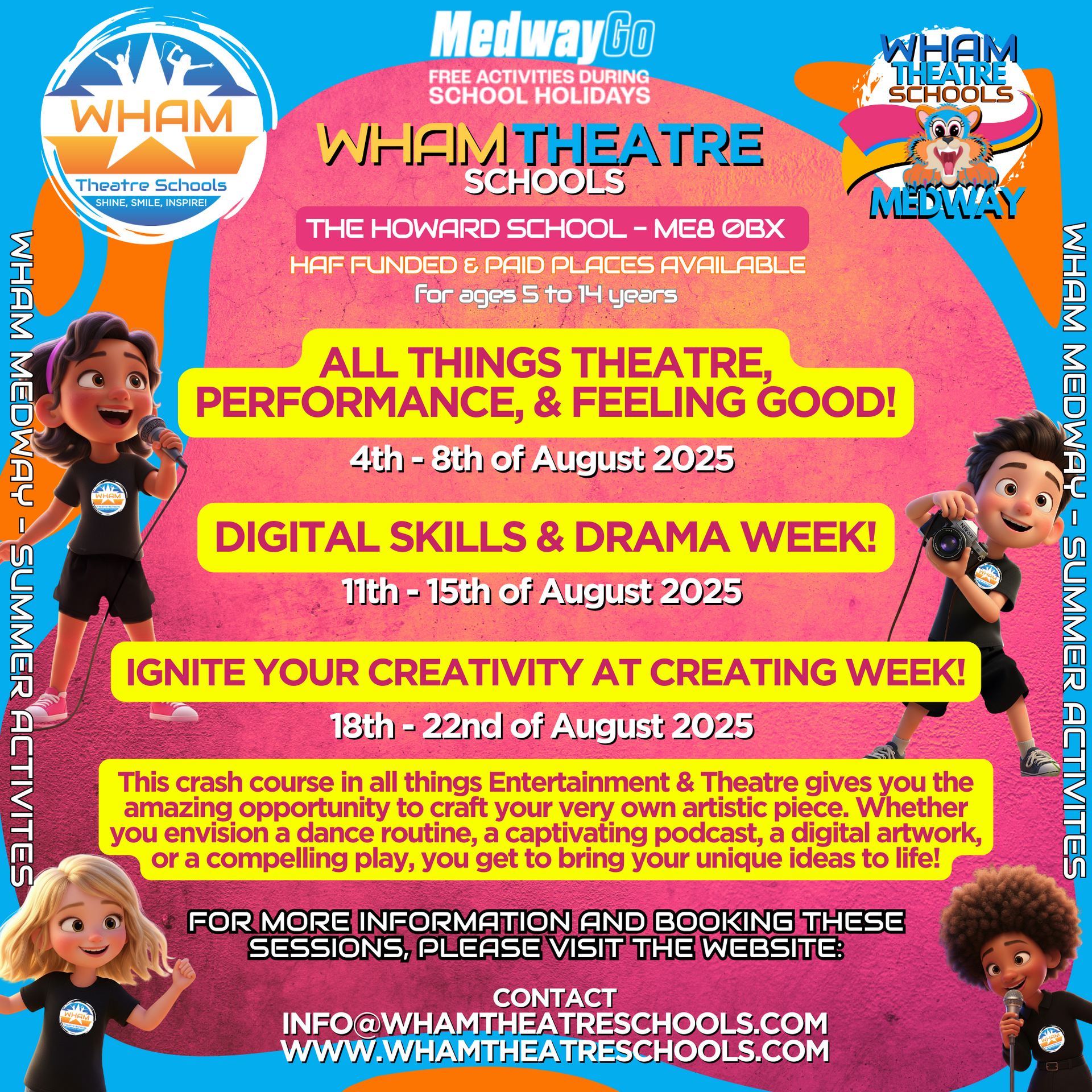 An advertisement for madway wham theatre schools