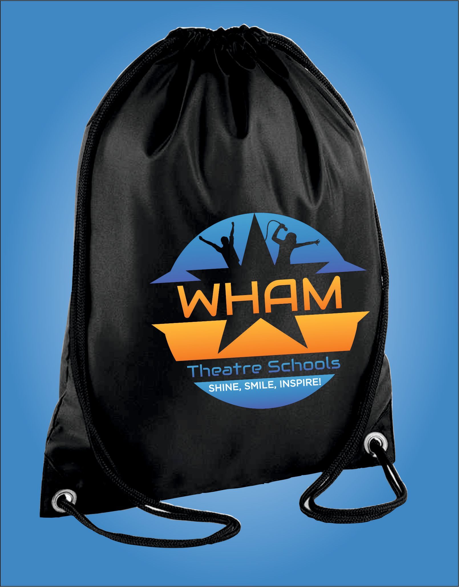 A black drawstring bag that says wham on it