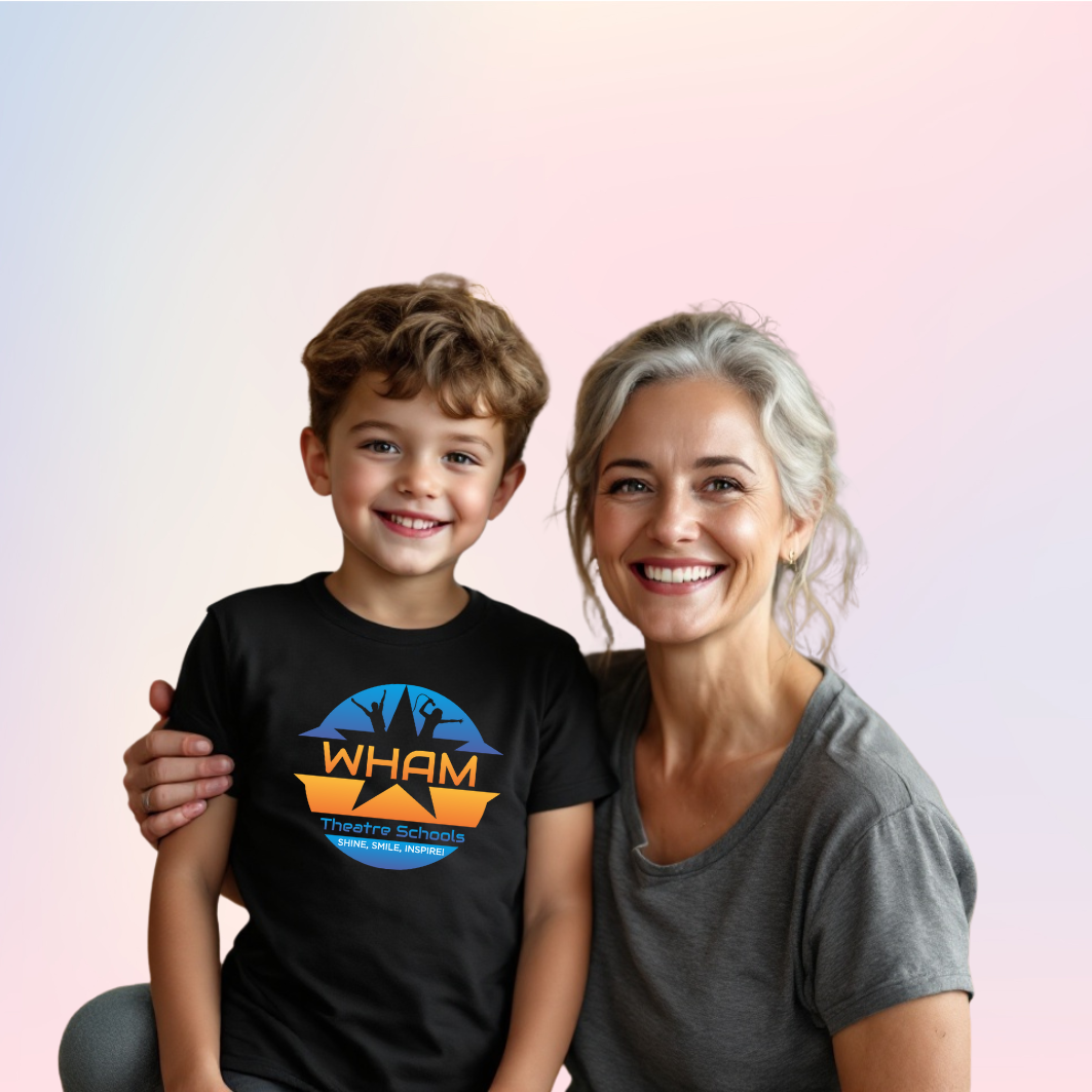 A woman and child are posing for a picture and the boy is wearing a shirt that says wham