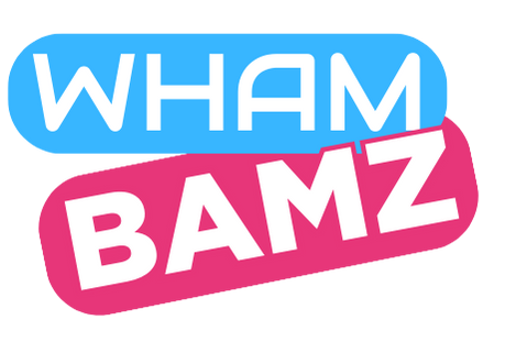 A blue and pink logo for wham bamz