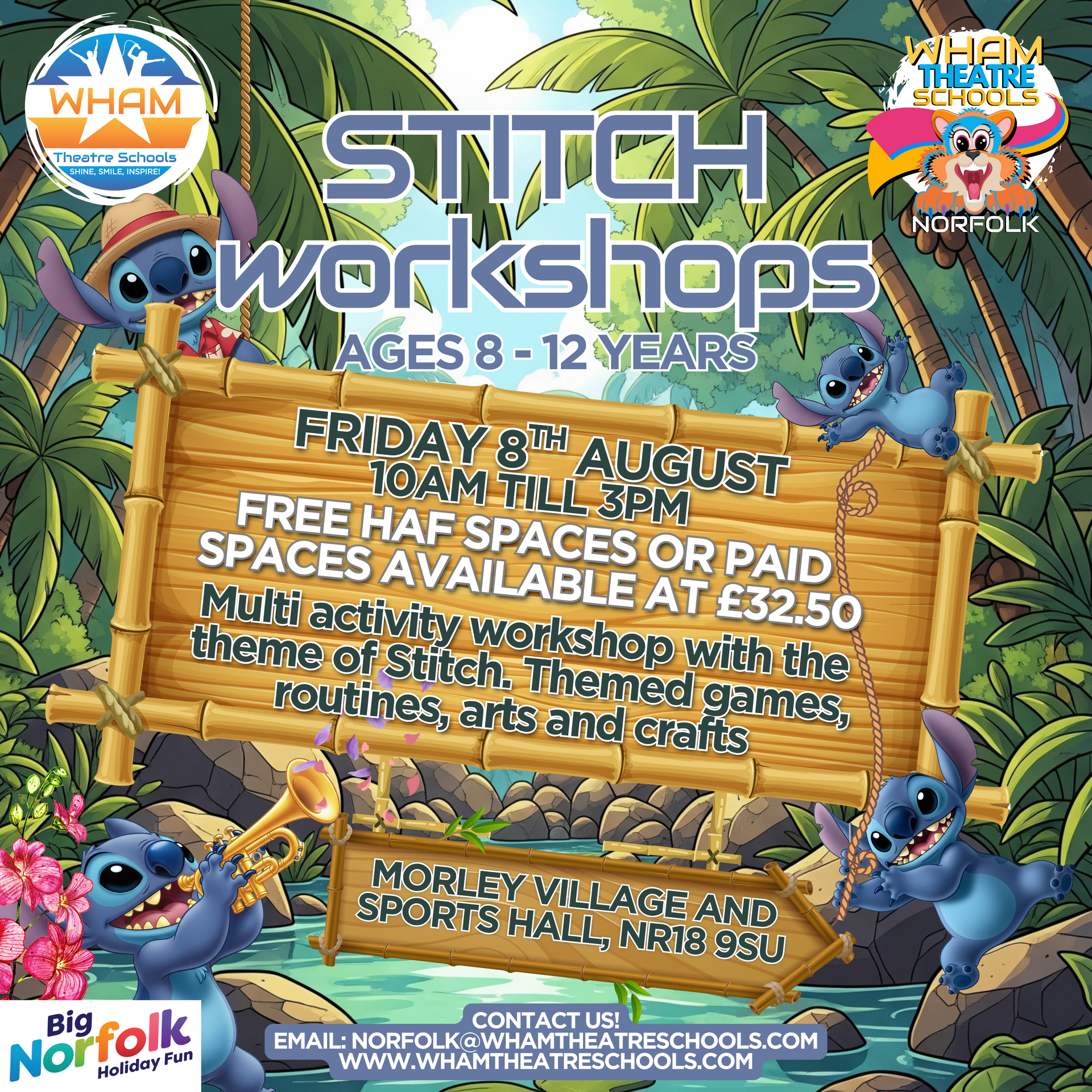 An advertisement for stitch workshops for ages 8 to 12 years