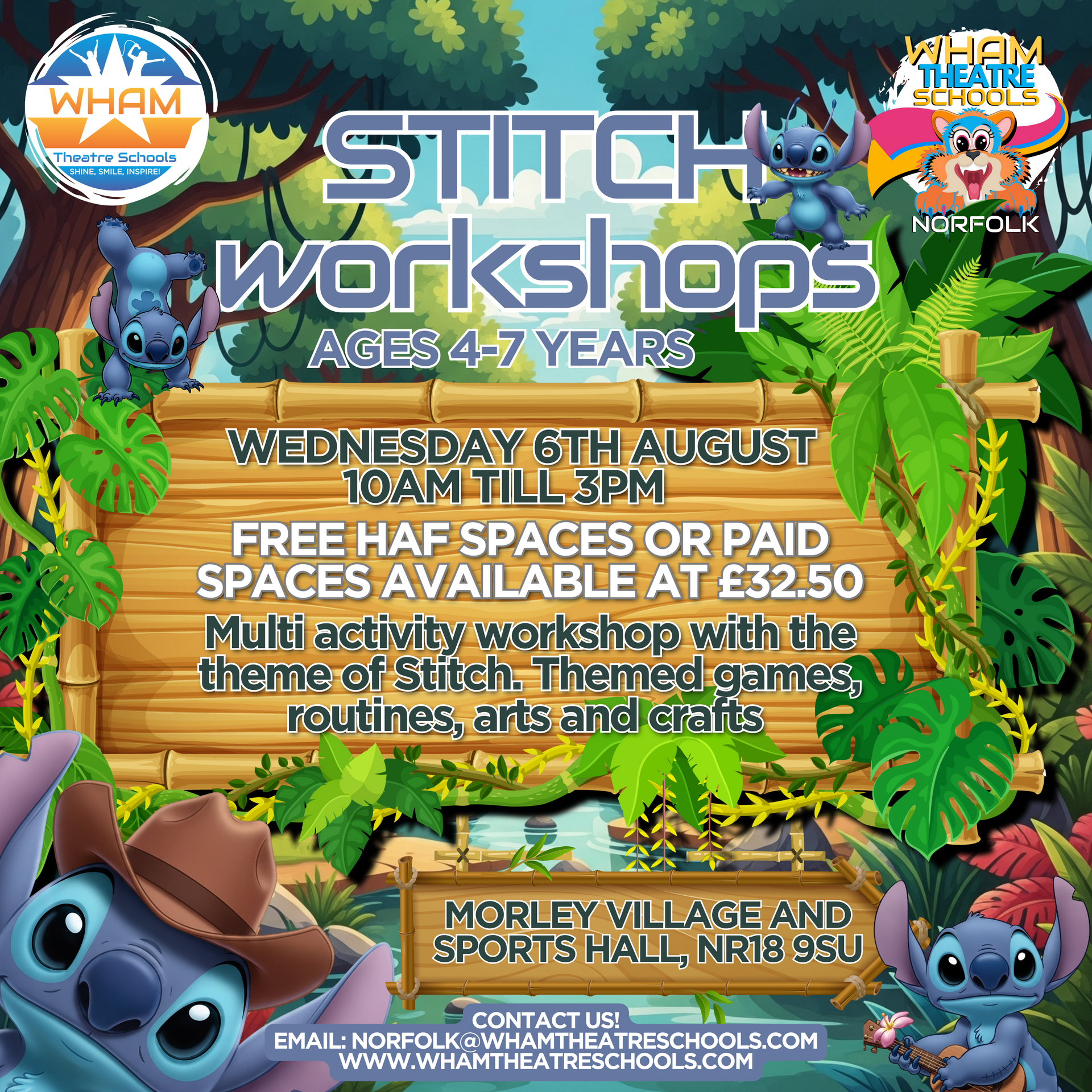 A poster for stitch workshops for ages 4 to 7 years