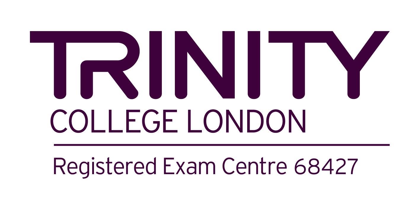 The trinity college london logo is purple and white.