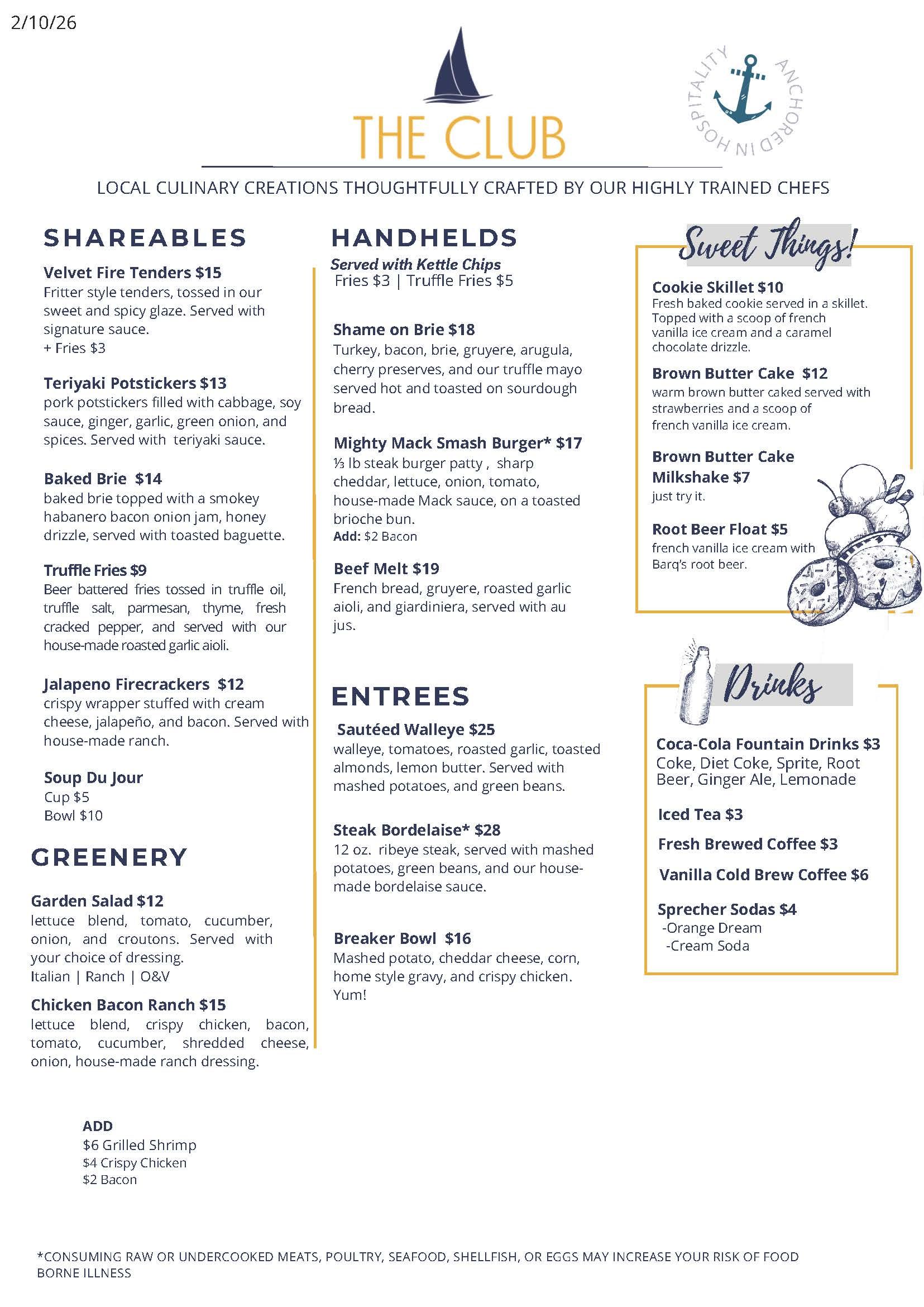 The Club at Breakers Winter Menu