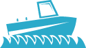 A blue boat is floating on top of a wave.