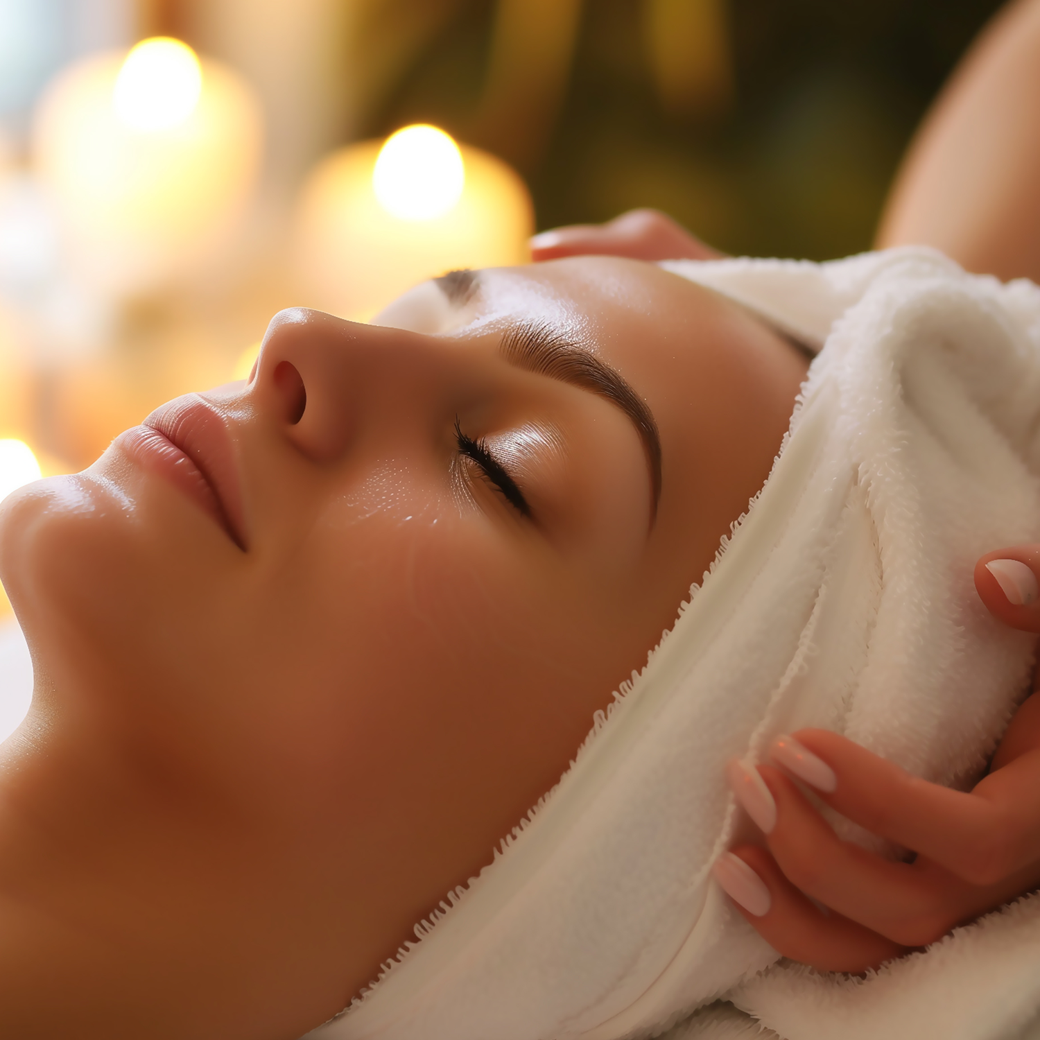 Femme recevant un massage relaxant au spa, les yeux fermés et la tête enveloppée dans une serviette blanche.