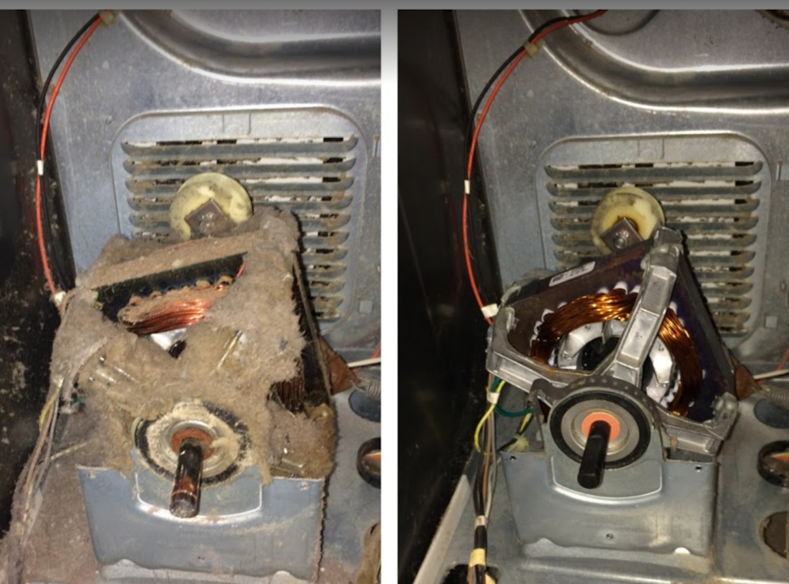 A picture of a dirty motor and a picture of a clean motor
