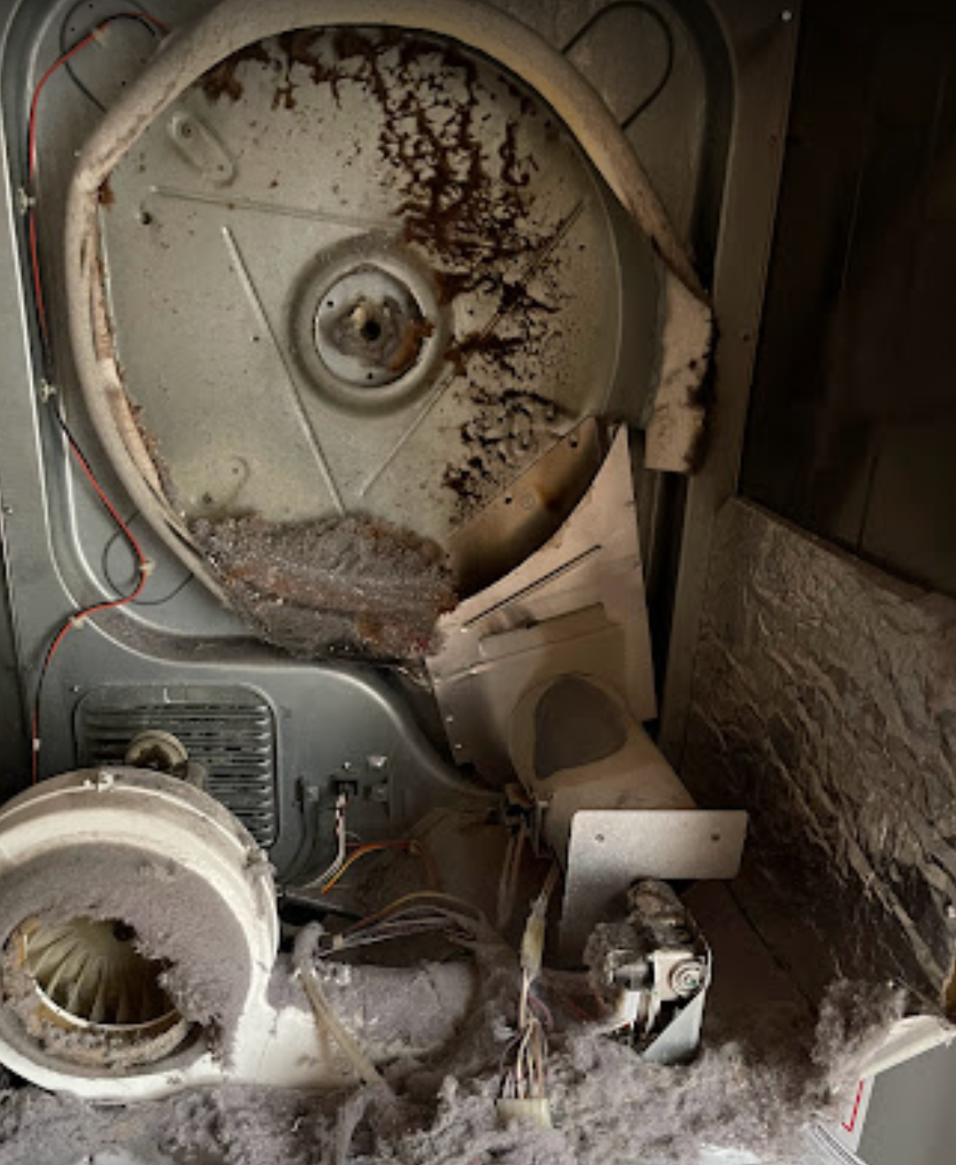 The inside of a broken dryer is covered in dust.