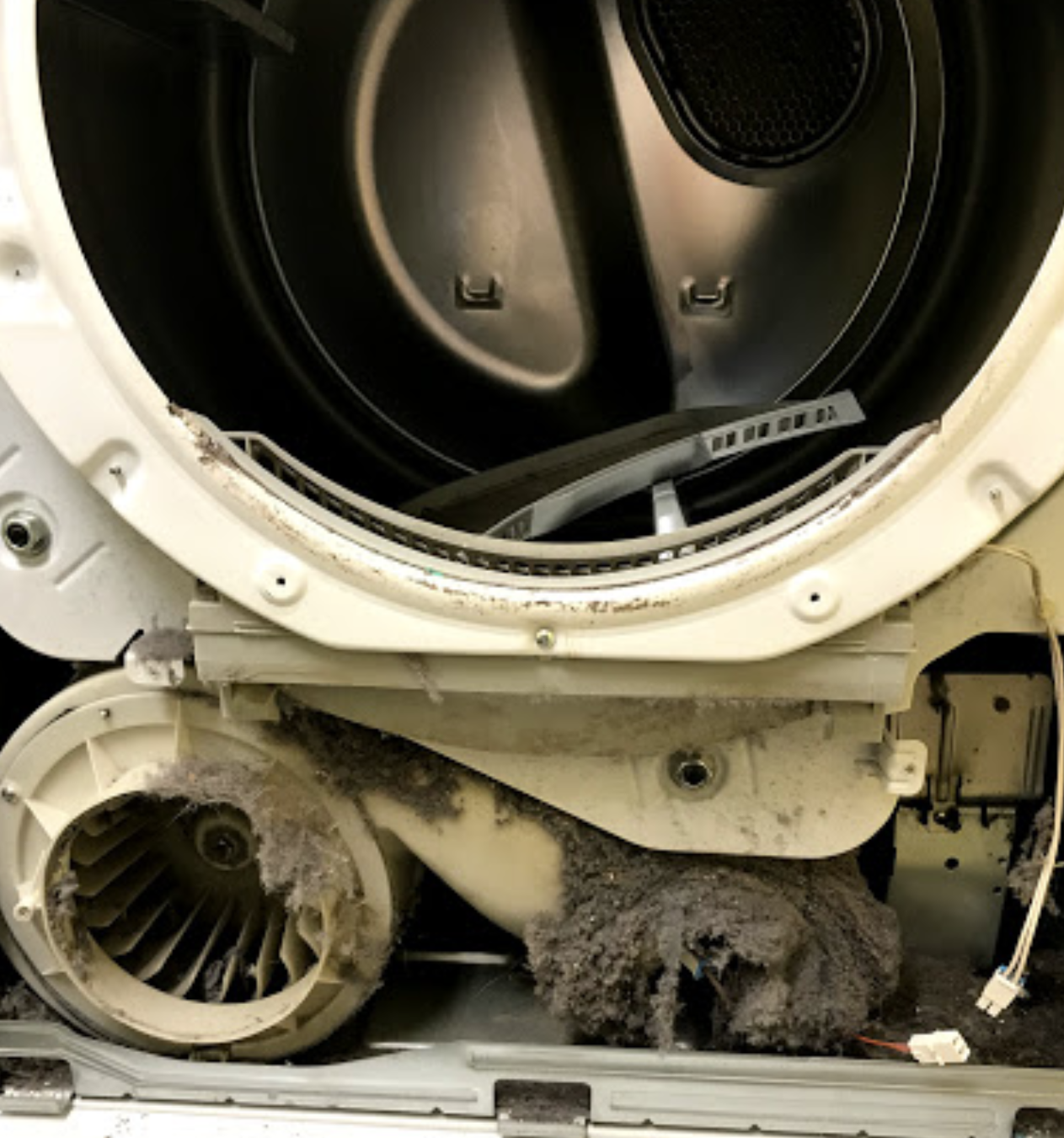 The inside of a dirty dryer with the door open