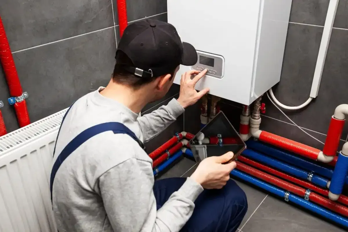 A man inspecting a boiler while holding a tablet, with red and blue pipes in a utility room.