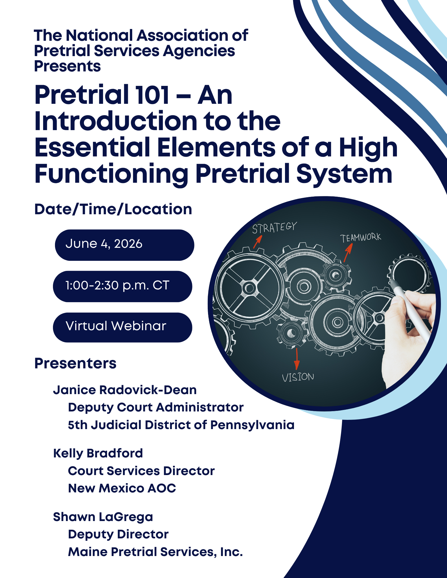 Poster for a webinar on pretrial supervision, with presenters, date, time, and a person writing