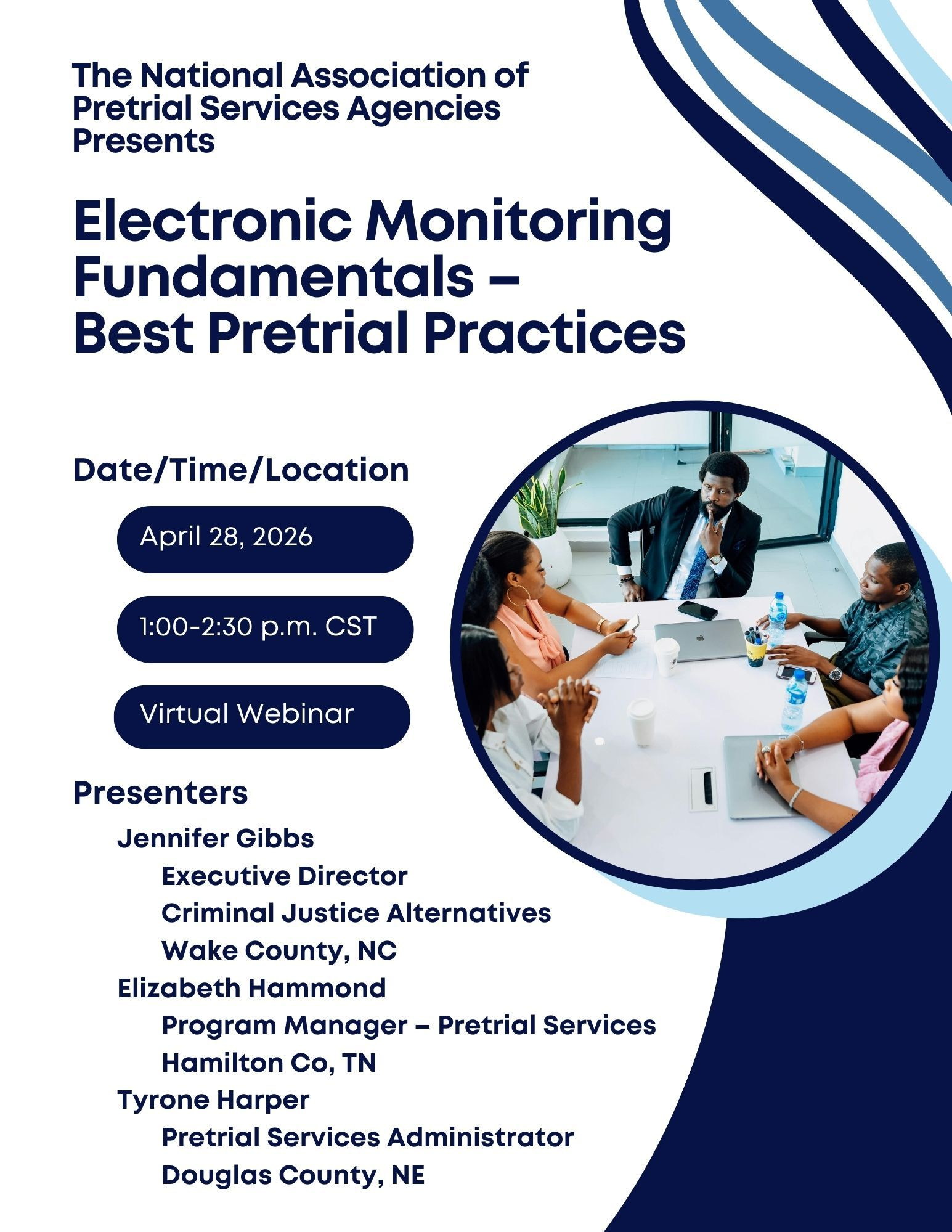 Poster for a webinar on pretrial supervision, with presenters, date, time, and a person writing 