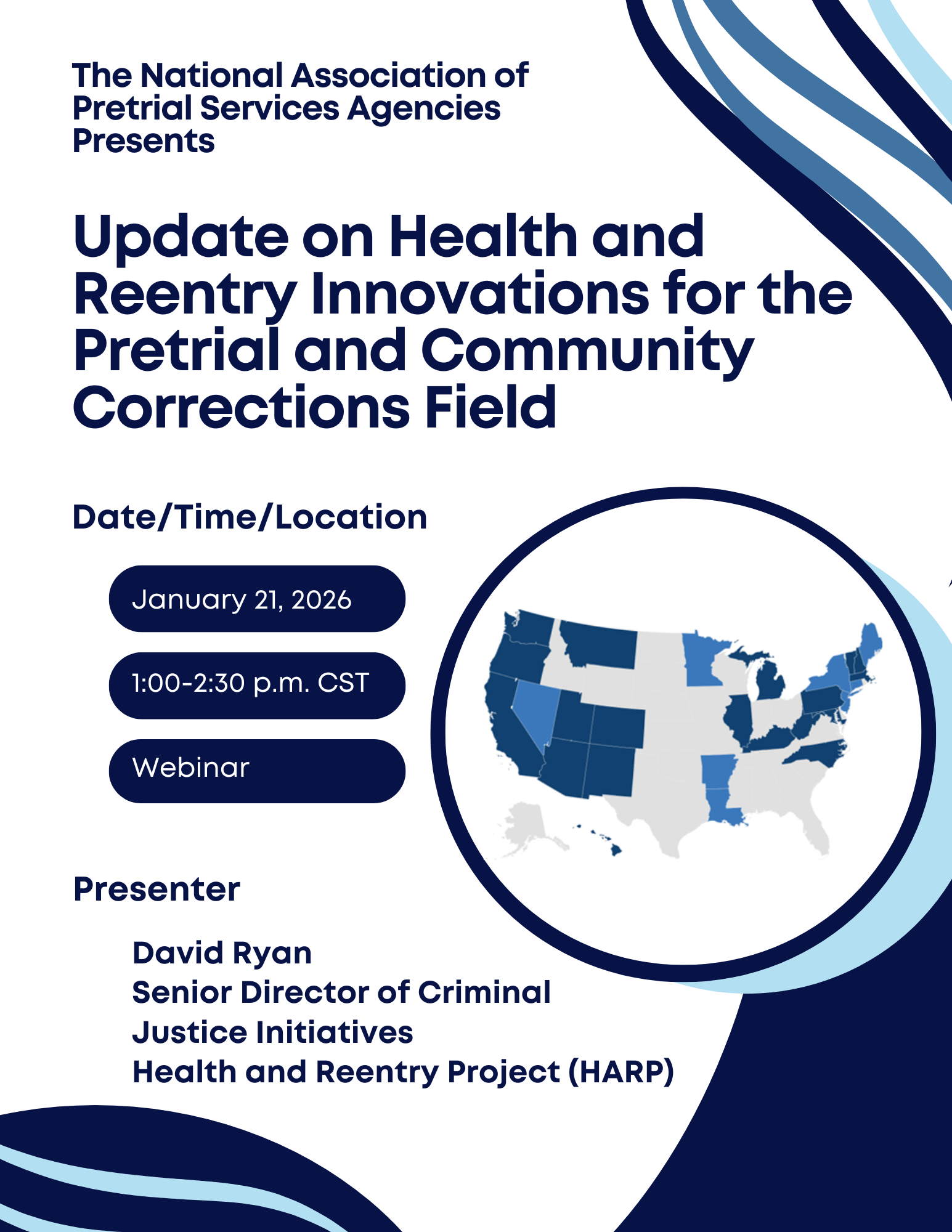 Flyer for webinar: Update on health and reentry innovations for pretrial and community corrections. Date: January 21, 2016, 1:00-2:30 p.m. CT.