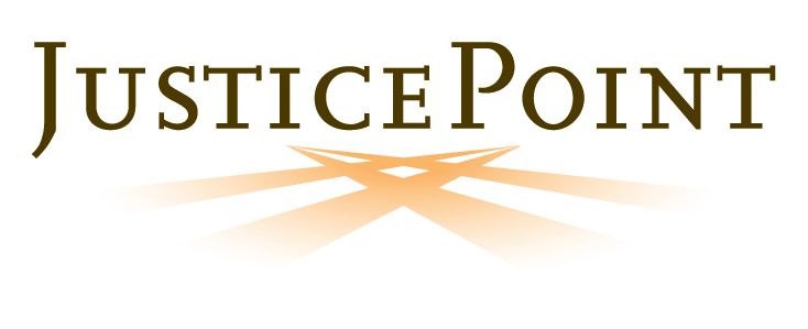 JusticePoint logo: brown text with an orange radiating design below.