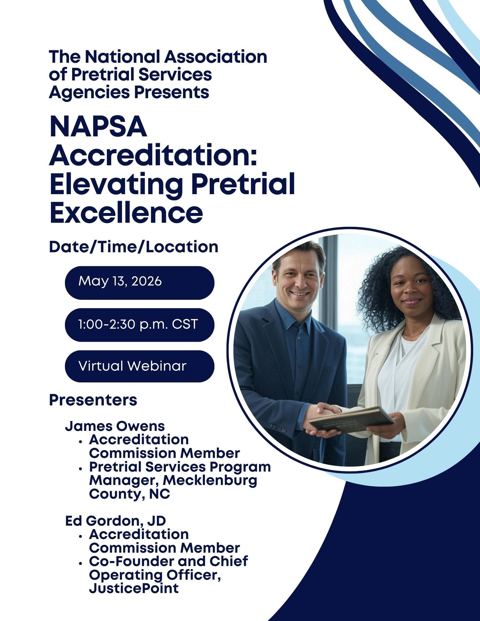 Poster for a webinar on pretrial supervision, with presenters, date, time, and a person writing 