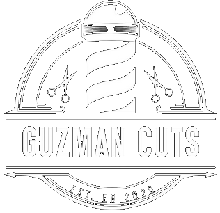 Barber shop logo with a barber pole, scissors, and text 