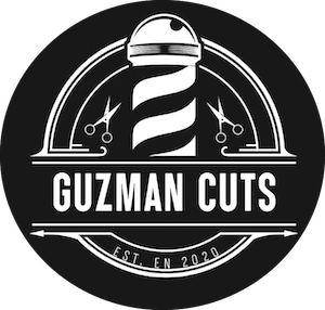 Black and white barbershop logo with a barber pole, scissors, and 