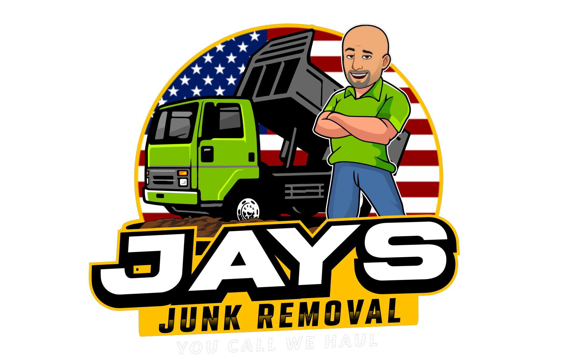 The logo for jay 's junk removal shows a man standing in front of a dump truck.