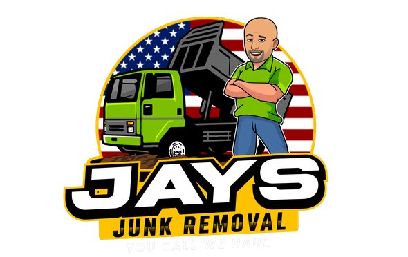 The logo for jay 's junk removal shows a man standing in front of a dump truck.