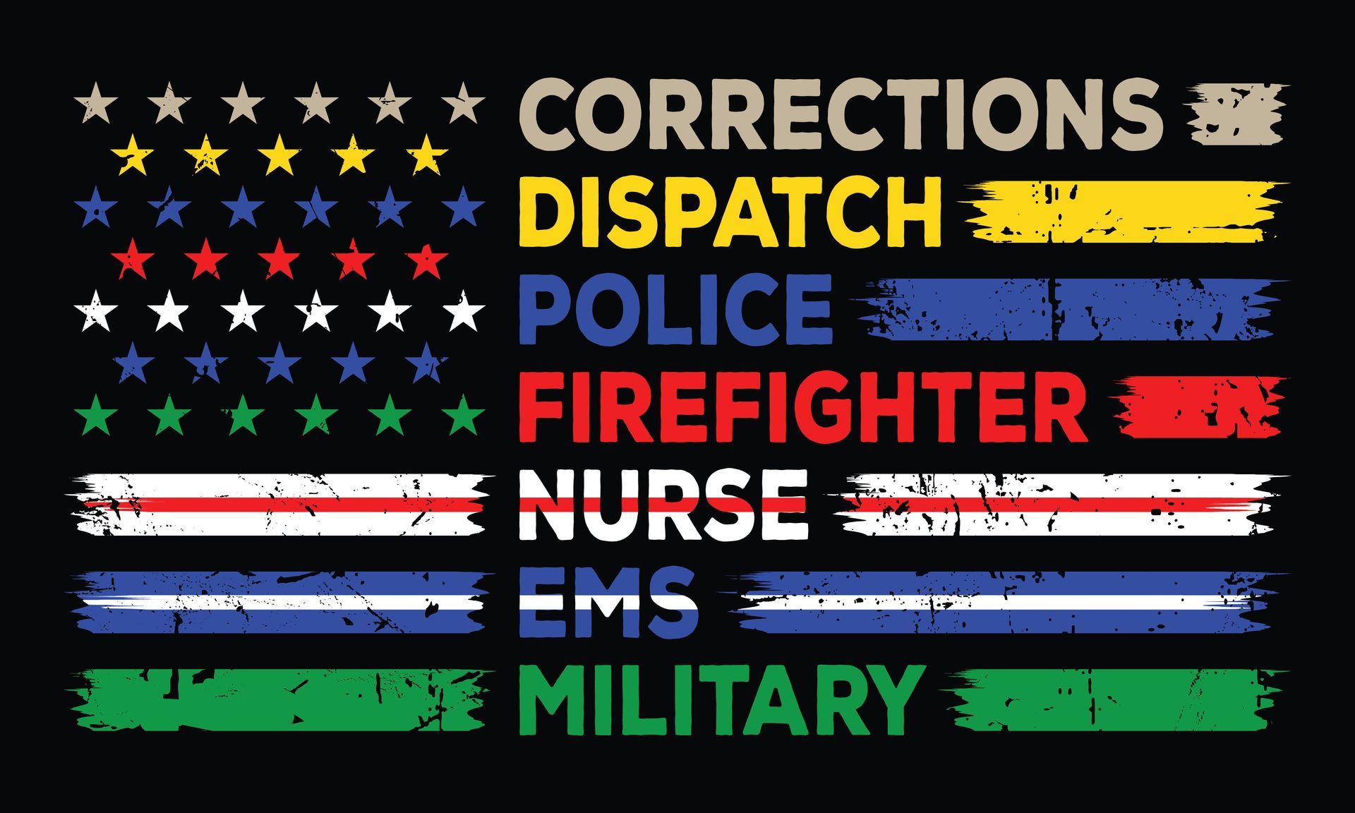 A flag with the words `` corrections dispatch police firefighter nurse ems military '' on it.