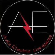 A logo for Avila Electric featuring the letters AE with a red lightning bolt on a black circular background.