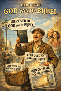 Een straatverkoper houdt een bijbel en stapels kranten vast, die allemaal de Nederlandse tekst herhalen: