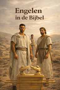 Drie figuren in antieke kleding staan in een woestijnlandschap achter een gouden Ark van het Verbond; de tekst luidt