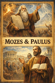 Bovenste paneel: Mozes met de stenen tafelen bij een vulkaan. Onderste paneel: Paulus preekt met een open boek voor oude ruïnes.