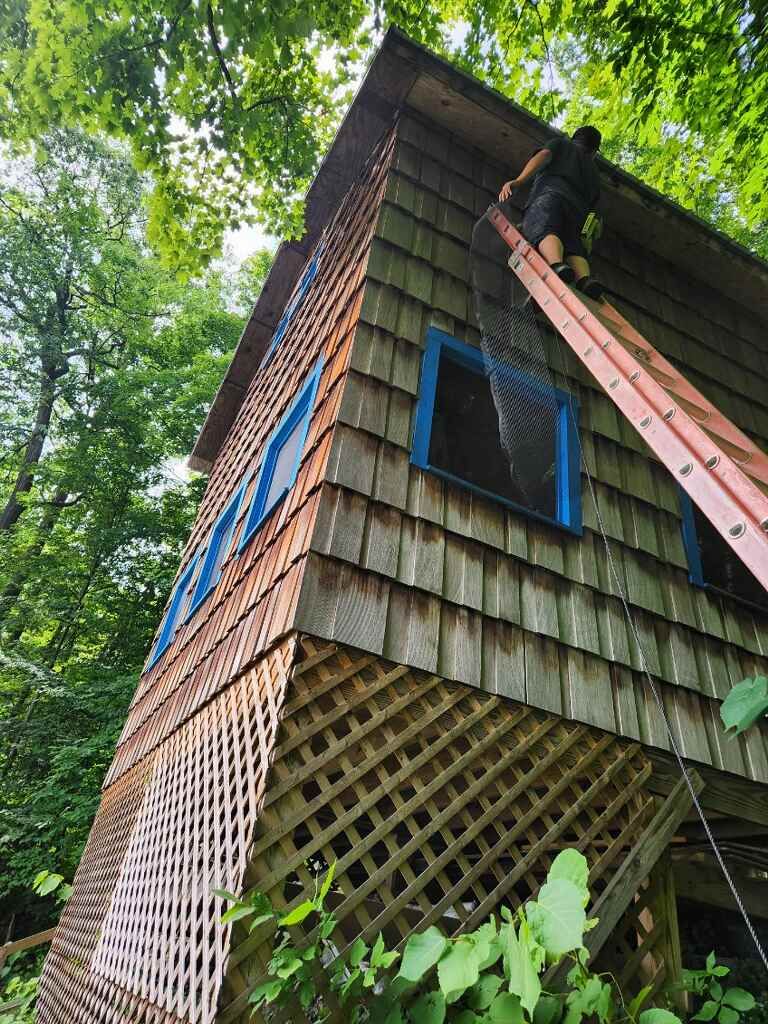 A man is standing on a ladder on top of a wooden house.