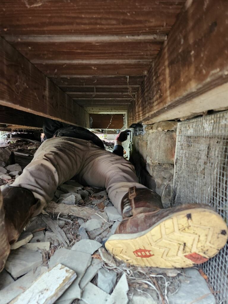 A person is crawling under a wooden structure.