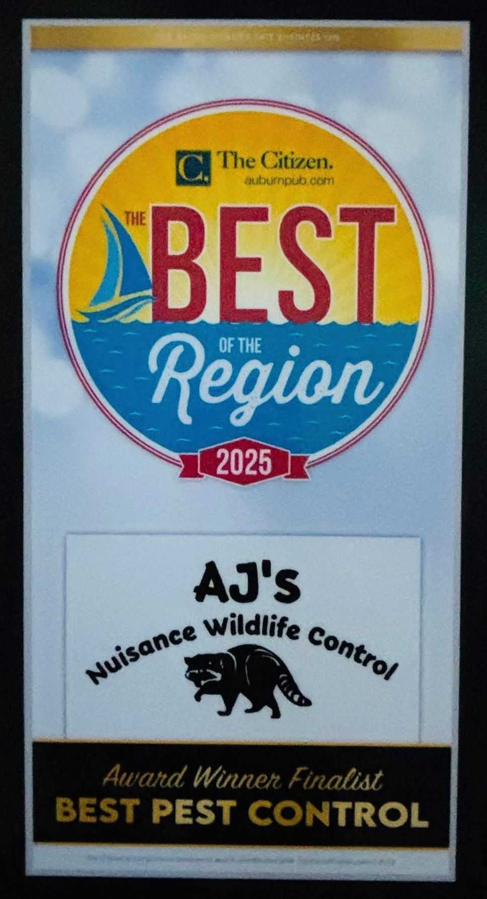 Award badge for AJ's Nuisance Wildlife Control. 