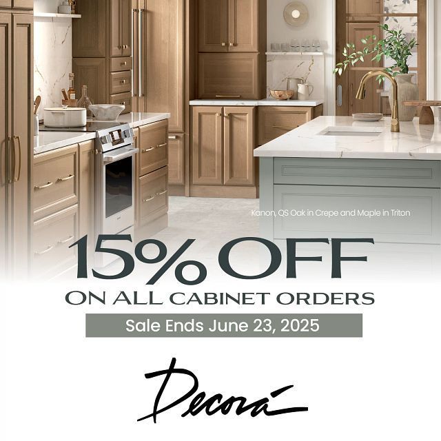 A kitchen with a sign that says 15 % off on all cabinet orders