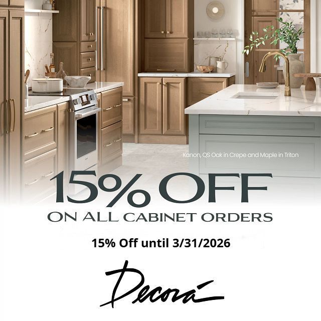 A kitchen with a sign that says 15 % off on all cabinet orders