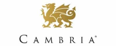 A logo for cambria with a dragon on a white background.