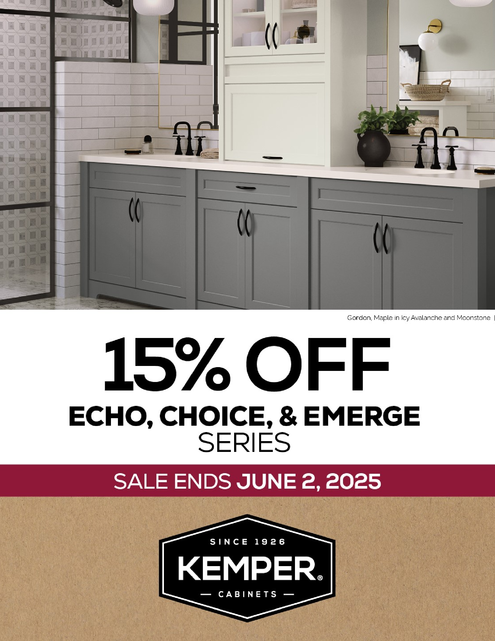 A brochure for kemper shows a bathroom with a sink and cabinets.