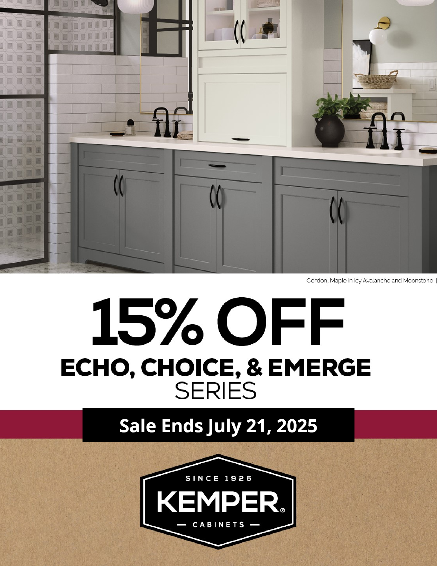 A brochure for kemper shows a bathroom with a sink and cabinets.