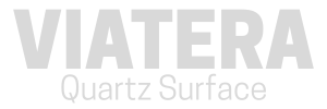 The logo for viatera quartz surface is gray on a white background