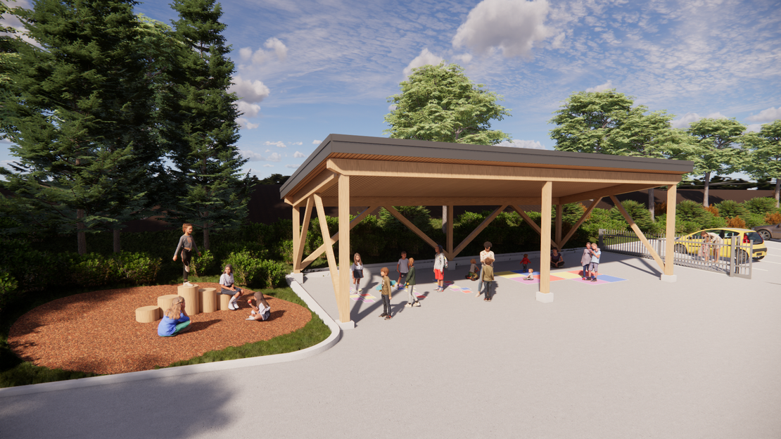 A group of people are playing under a wooden pavilion in a park.