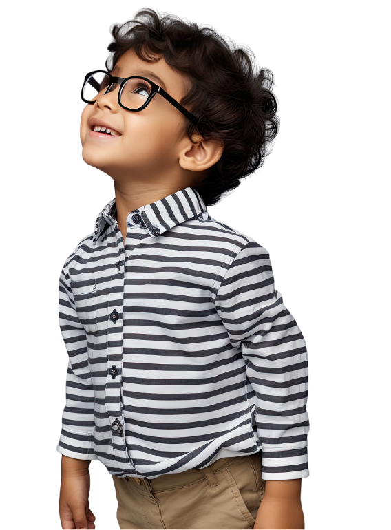 A young boy wearing glasses and a striped shirt is looking up.