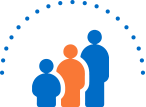 A blue and orange icon of a family standing next to each other.