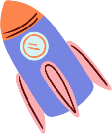 A blue and orange rocket is flying through the air.