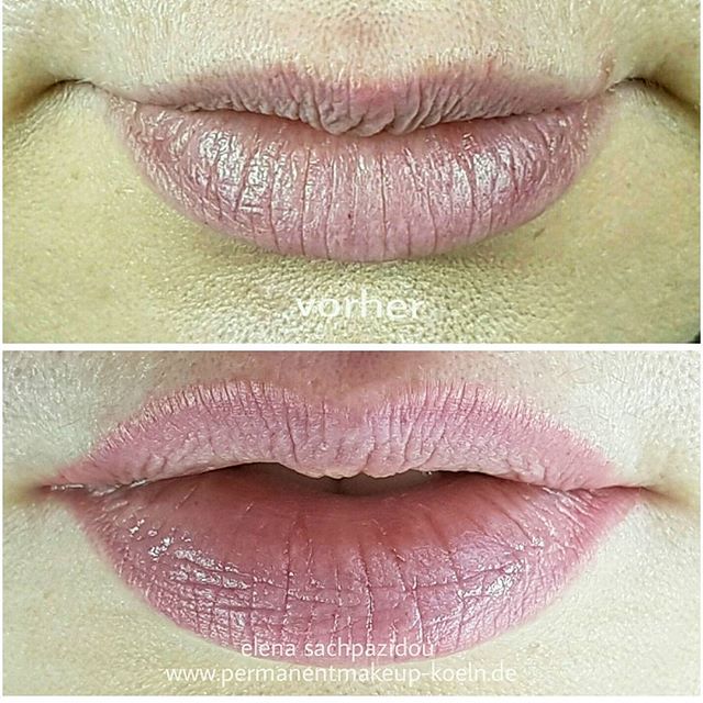 Ein Vorher-Nachher-Foto der Lippen einer Frau mit Permanent Make-up