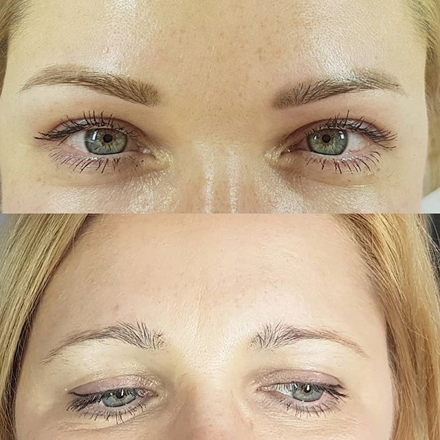 Ein Vorher-Nachher-Bild der Augenbrauen einer Frau.