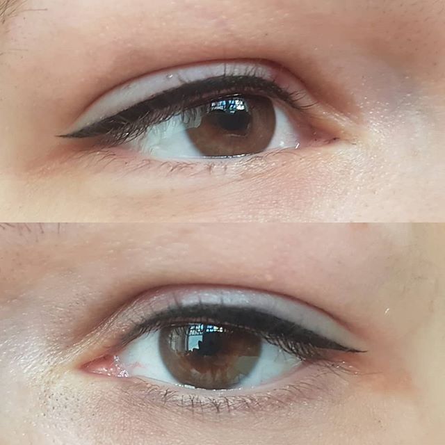 Ein Vorher-Nachher-Bild des Auges einer Frau mit Eyeliner.