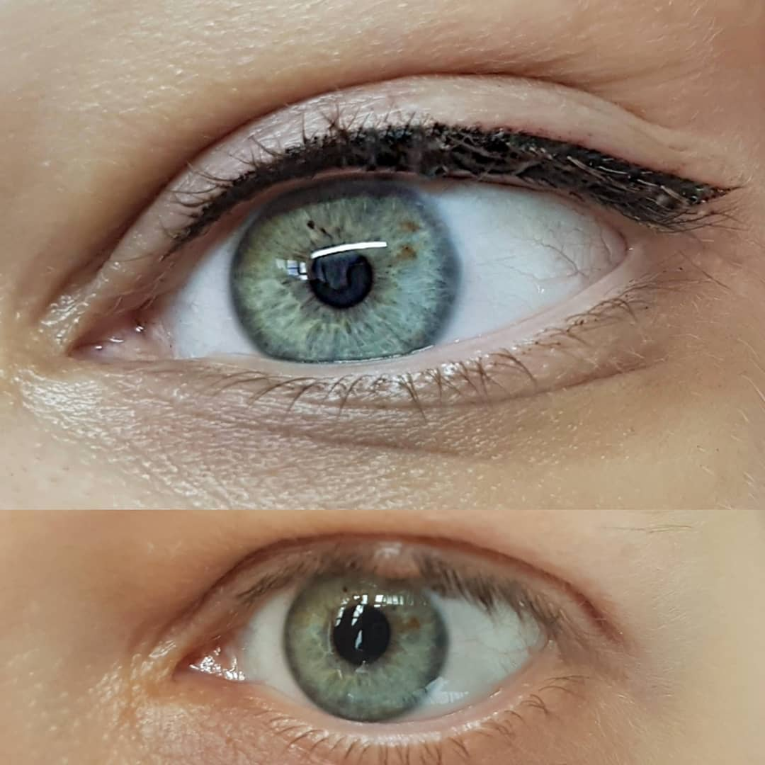 Eine Nahaufnahme des Auges einer Frau mit und ohne Make-up.