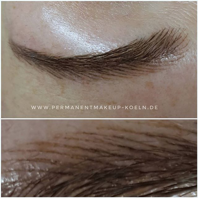 Eine Nahaufnahme der Augenbraue einer Frau mit der Website www.permanentmakeup-koeln.de am unteren Rand