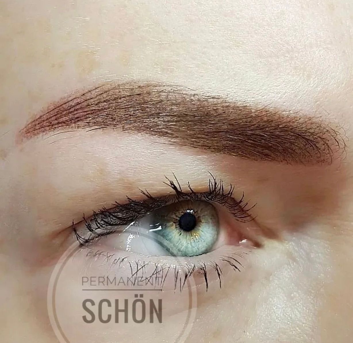 Eine Nahaufnahme des Auges einer Frau mit brauner Augenbraue.