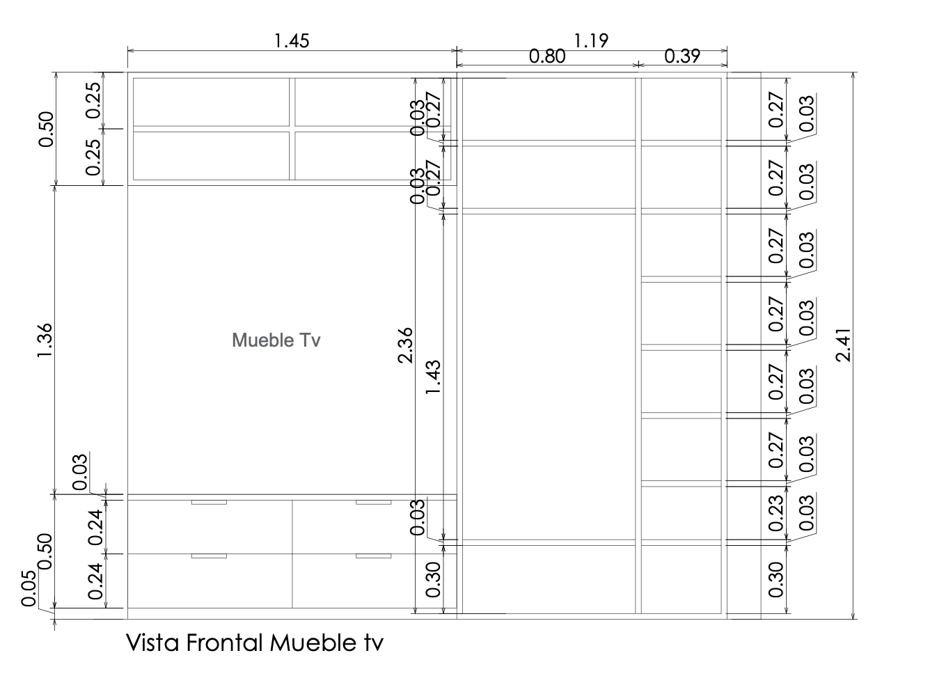 Vista frontal de un mueble de TV con medidas en metros.