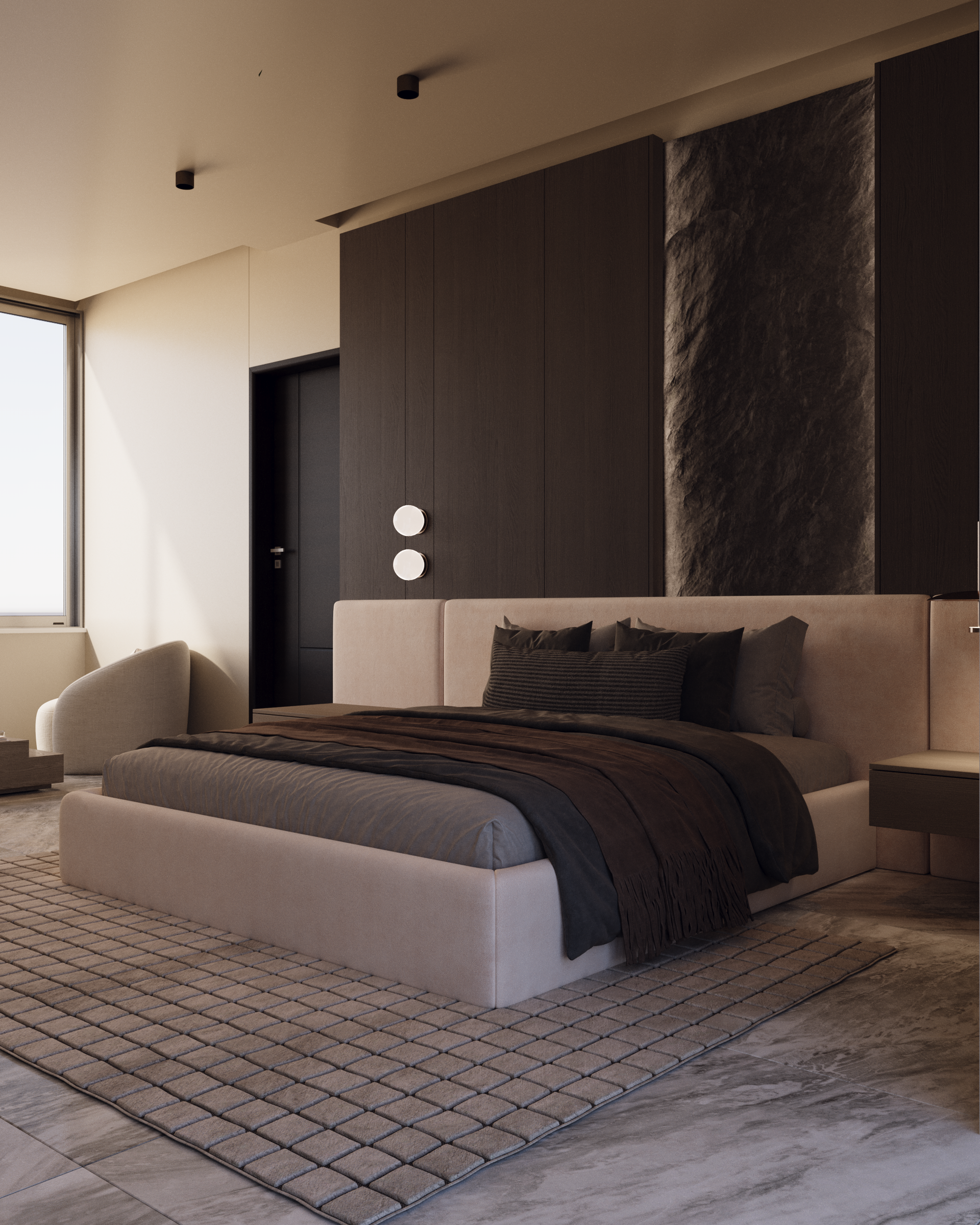 Dormitorio moderno con cama, alfombra, pared con acento oscuro y ventana.