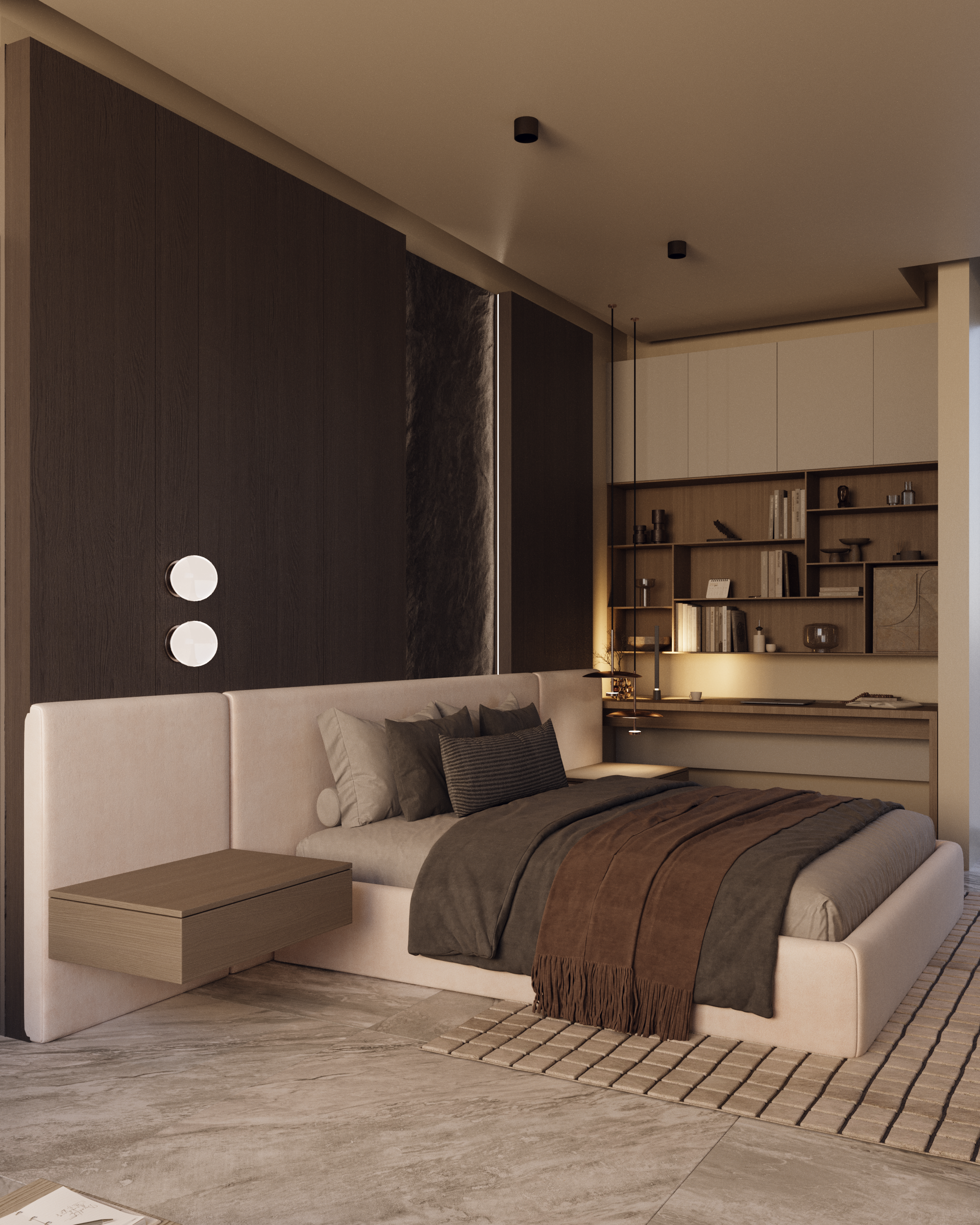 Dormitorio moderno con cama tapizada, mesita de noche flotante y escritorio empotrado con estantes.